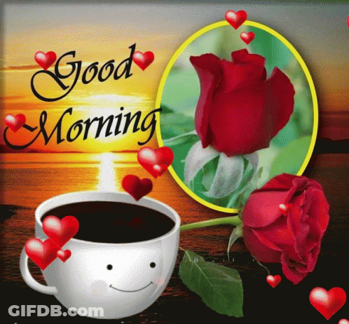 Good Morning Card With Coffee And Red Rose GIF