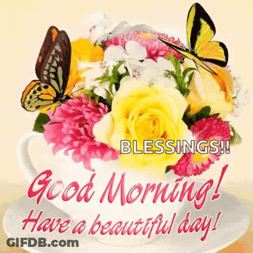 Good Morning Card With Flowers And Butterflies GIF