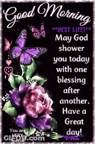 Good Morning Card With Purple Butterflies And Flowers GIF