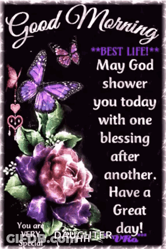 Good Morning Card With Purple Butterflies And Roses GIF