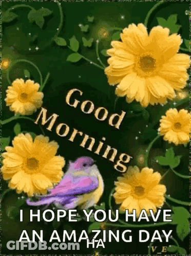 Good Morning Card With Yellow Flowers And Bird GIF