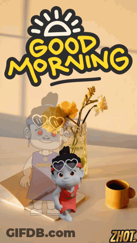 Good Morning Cartoon Character With Vase Of Flowers GIF