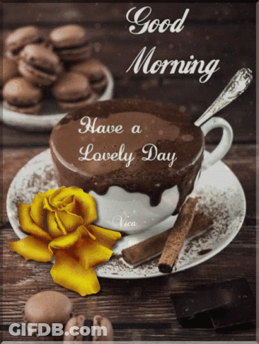 Good Morning Cup Of Chocolate Cake And Yellow Rose GIF
