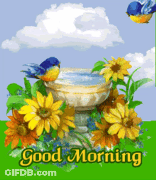 Good Morning Flowers And Birds On Fountain GIF