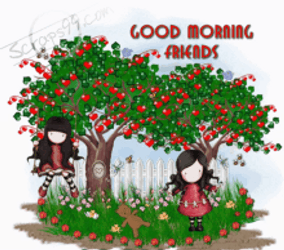 Good Morning Friends Heart Tree Cute Girls GIF