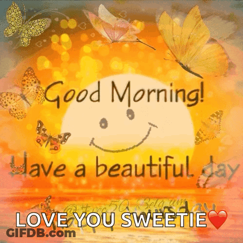 Good Morning Greeting Card With Butterflies And Smiling Sun GIF