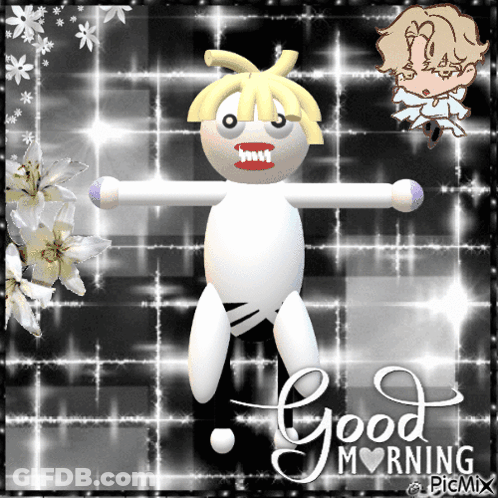 Good Morning Greeting Card With Cartoon And Flowers GIF