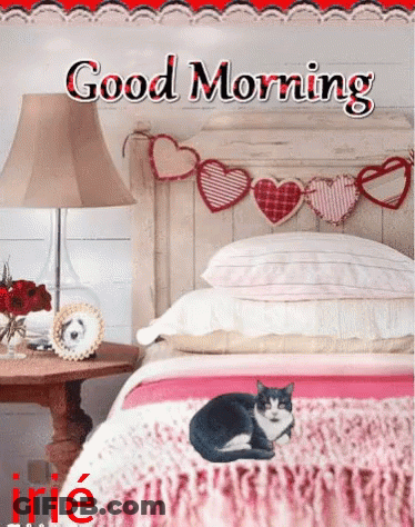 Good Morning Greeting Card With Cat Laying On Bed GIF