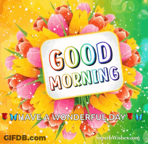 Good Morning Greeting Card With Flowers And Butterflies GIF