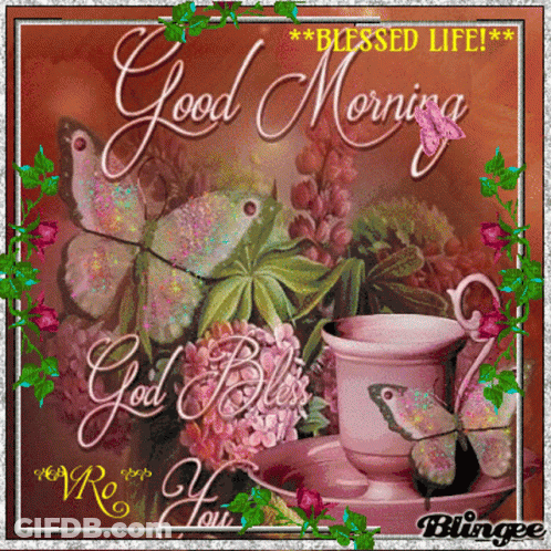 Good Morning Greeting Card With Flowers And Butterflies GIF