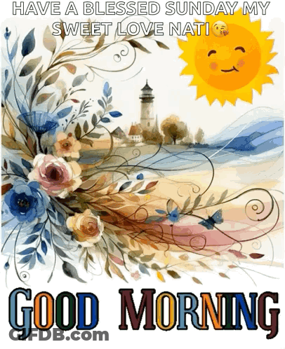 Good Morning Greeting Card With Flowers And Sun GIF
