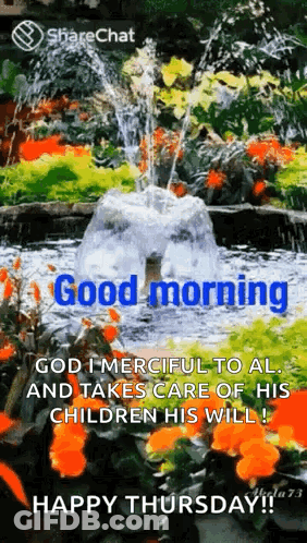 Good Morning Greeting Card With Fountain And Flowers GIF