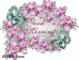 Good Morning Greeting Card With Pink Flowers And Butterflies GIF