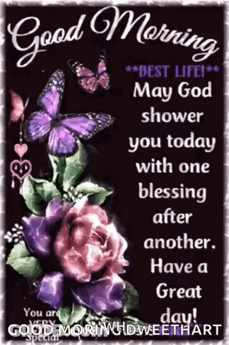 Good Morning Greeting Card With Purple Butterflies And Flowers GIF