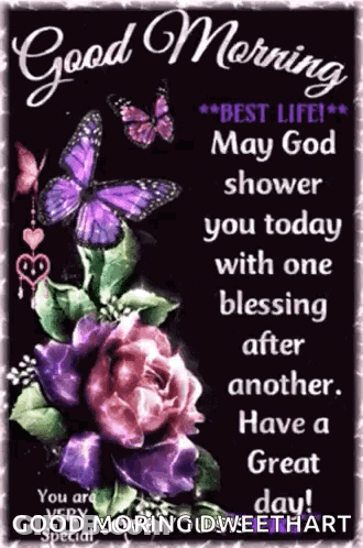Good Morning Greeting Card With Purple Flowers And Butterflies GIF