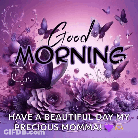 Good Morning Greeting Card With Purple Flowers And Butterflies GIF