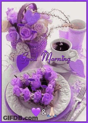 Good Morning Greeting Card With Purple Flowers And Coffee GIF