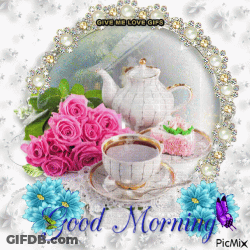 Good Morning Greeting Card With Teapot And Coffee GIF