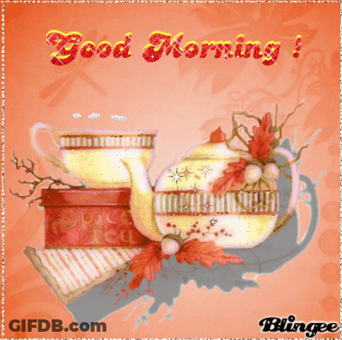 Good Morning Greeting Card With Teapot And Two Cups GIF