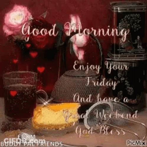 Good Morning Greeting Card With Teapot Cake And Flowers GIF