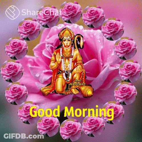 Good Morning Hanuman Statue Pink Roses GIF