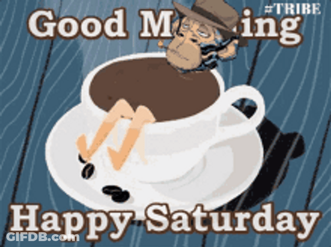 Good Morning Happy Saturday Animated Monkey Coffee GIF
