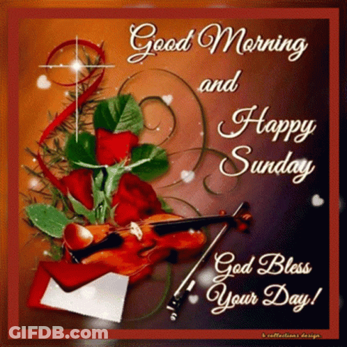 Good Morning Happy Sunday Card With Violin And Flowers GIF