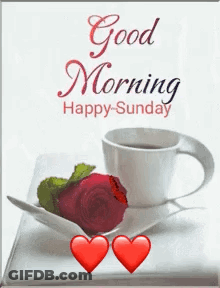 Good Morning Happy Sunday Coffee Rose Two Hearts GIF
