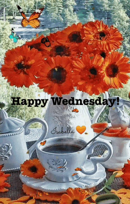 Good Morning Happy Wednesday Red Orange Flowers Coffee Butterfly GIF