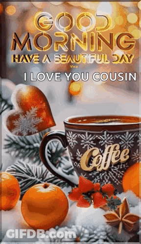 Good Morning Have A Beautiful Day I Love You Cousin With A Cup Of Coffee And Oranges . GIF