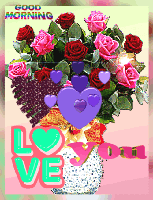 Good Morning Love You Sparkling Flowers In Vase Purple Hearts GIF