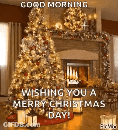 Good Morning Merry Christmas Tree In Front Of Fireplace GIF