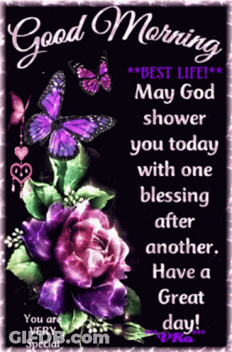 Good Morning Message With Purple Butterflies GIF