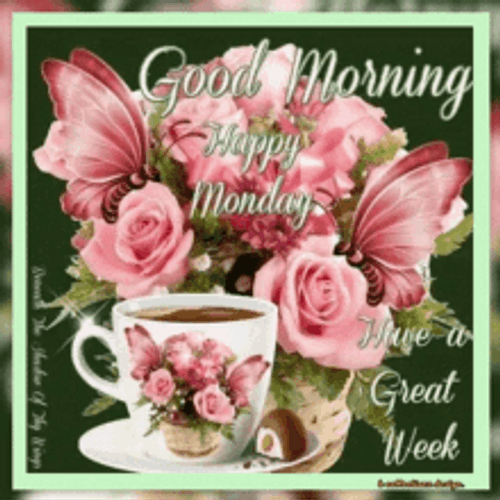 Good Morning Monday Coffee With Pink Roses GIF