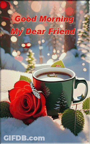 Good Morning My Dear Friend Card With Coffee And Rose GIF