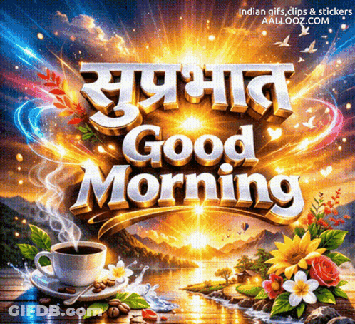 Good Morning Poster With Coffee And Flowers GIF