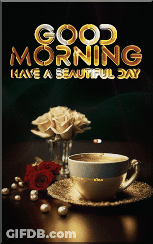 Good Morning Poster With Coffee And Roses GIF