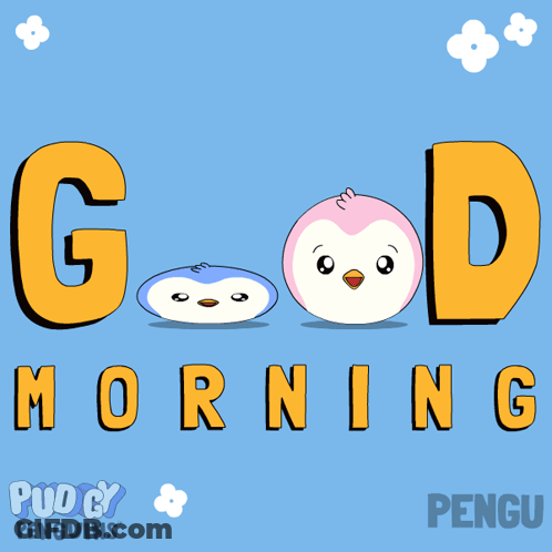 Good Morning Poster With Two Penguins And Flowers GIF
