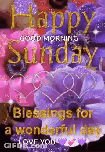 Good Morning Sunday With Purple Flowers And Hearts GIF