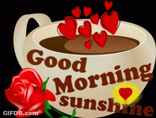 Good Morning Sunshine Hearts And Rose In Coffee GIF