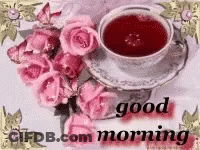 Good Morning Tea With Pink Roses GIF