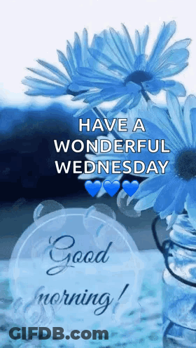 Good Morning Wednesday With Blue Flowers And Hearts GIF