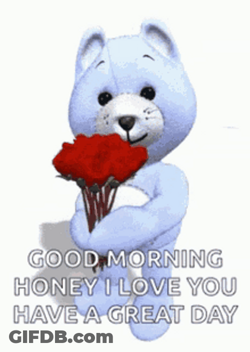 Good Morning Wife Blue Bear Giving Flowers Animation GIF