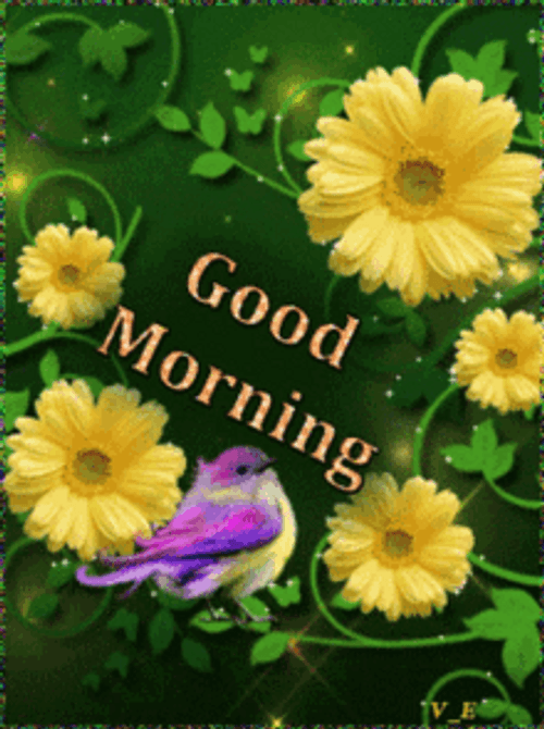 Good Morning Yellow Flowers With Vines And Bird GIF