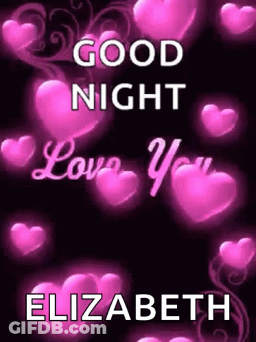 Good Night Elizabeth Greeting Card With Pink Hearts On Black GIF