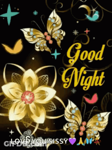 Good Night Greeting Card With Butterflies Flowers GIF