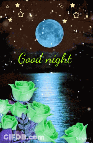 Good Night Greeting Card With Roses And Moon GIF