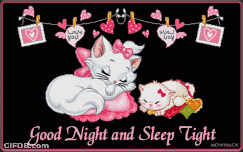 Good Night Sleep Tight Cats Pink Ribbon Sleeping GIF
