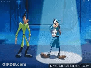 Goofy And Mickey Mouse Are Dancing Together On A Stage . GIF