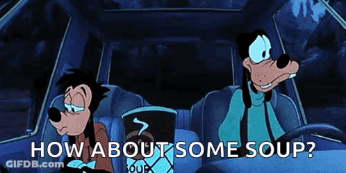Goofy And Mickey Mouse Are Sitting In The Back Seat Of A Car And Talking About Some Soup . GIF